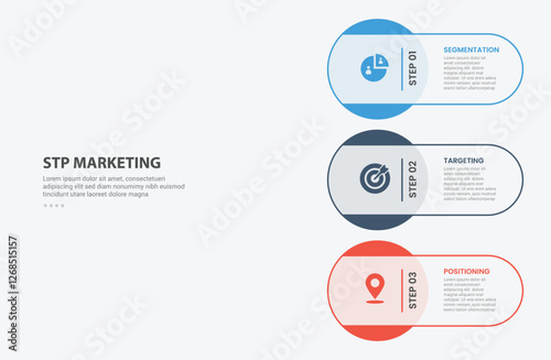 STP marketing infographic outline style with 3 point template with big circle stacking on vertical layout for slide presentation