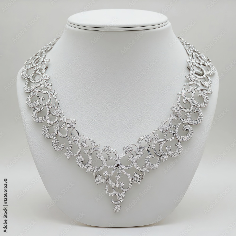 A stunning silver necklace with diamond intricate detailing, elegantly displayed on a white stand