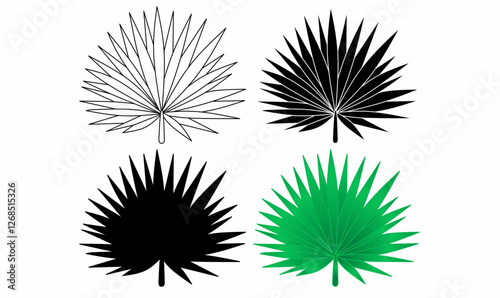 Vector illustration of fan palm leaves in various styles outline, solid black, and green. Perfect for tropical designs, botanical themes, and nature graphics.