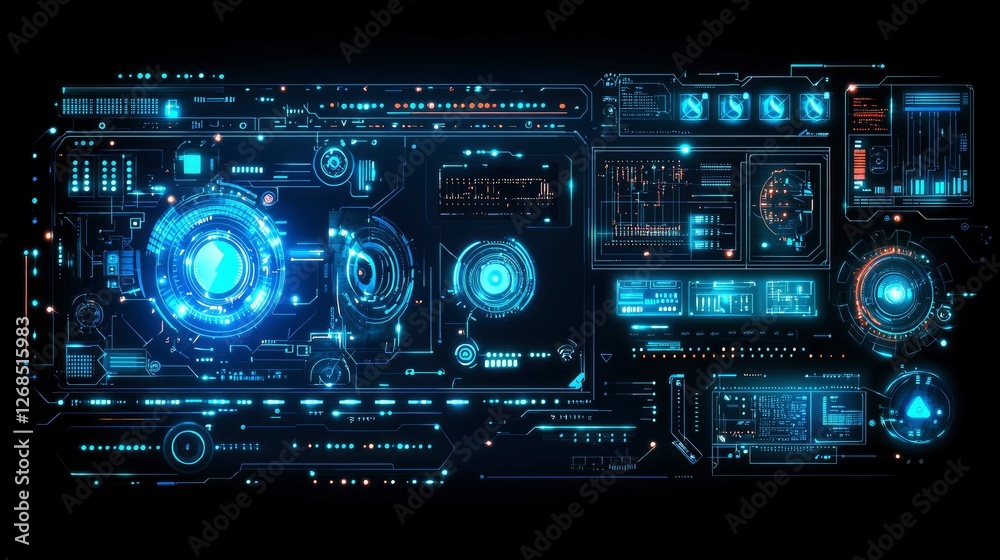 Futuristic Tech Interface HUD Display with Glowing Blue and Orange Elements Futuristic Tech Interface HUD Display with Glowing Blue and Orange Elements