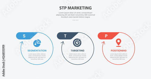 STP marketing infographic outline style with 3 point template with big circle with arrow edge and header badge on top for slide presentation