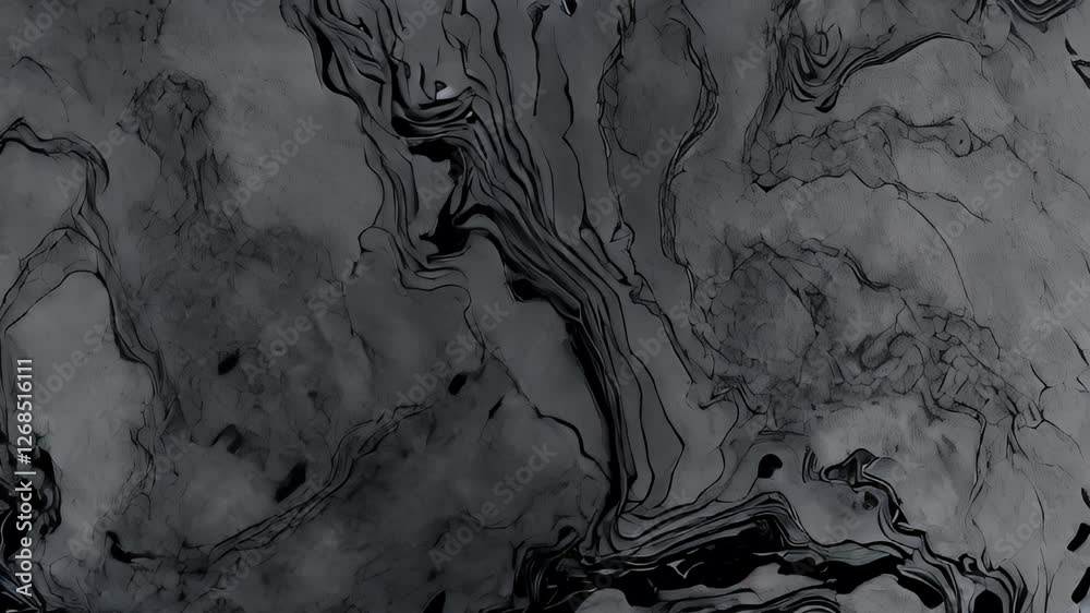 Abstract black and gray marbled texture with flowing patterns, creating a dramatic visual effect