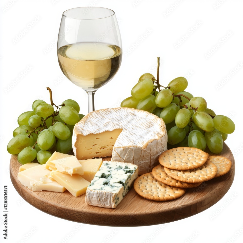 Delicious Cheese and Crackers Platter with White Wine and Fresh Grapes on Wooden Serving Board Delicious Cheese and Crackers Platter with White Wine and Fresh Grapes on Wooden Serving Board