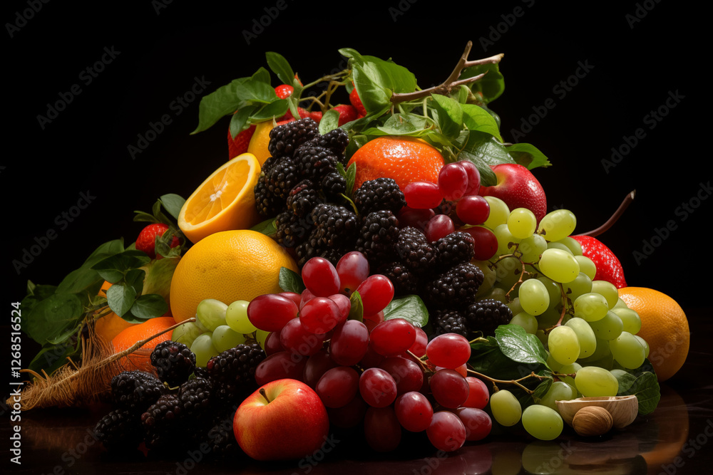 Mixed fruits placed together: apples, grapes, oranges generative ai Mixed fruits placed together: apples, grapes, oranges generative ai