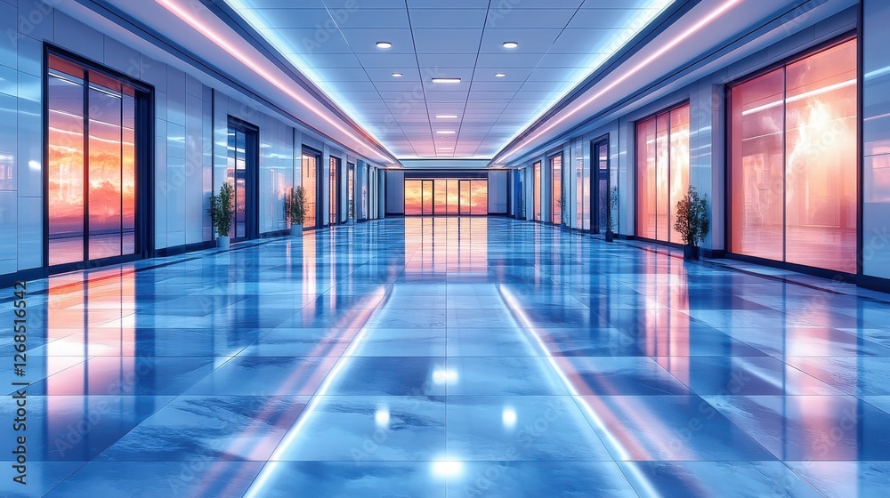 Fototapeta premium Modern Interior Hallway with Vibrant Sunset Reflections and Lighting