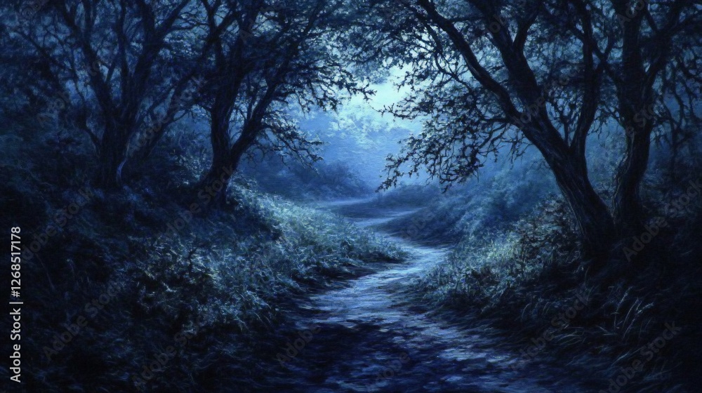 Fototapeta premium Moonlit path winding through a dark, mysterious forest.