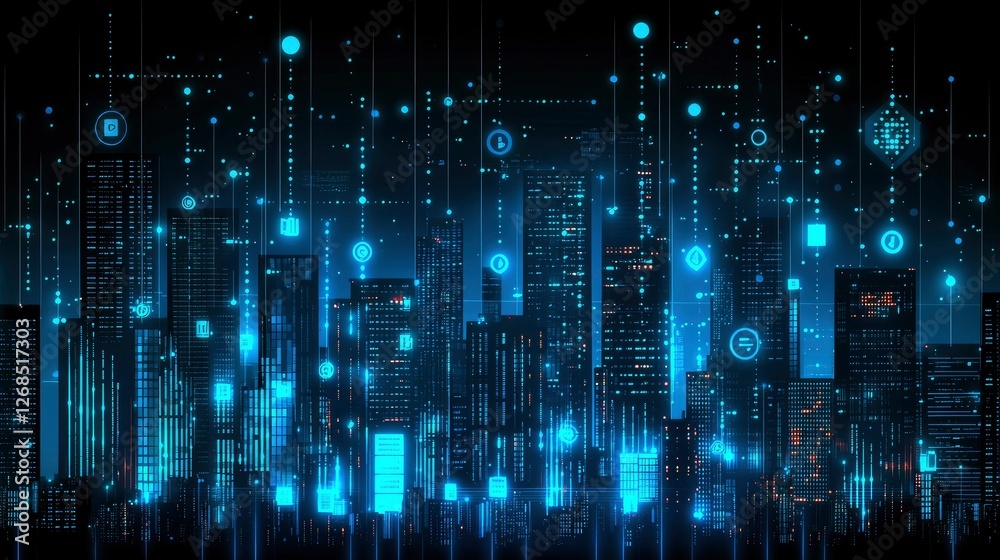Obraz premium Futuristic Smart City Networked Urban Skyline at Night