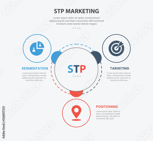 STP marketing infographic outline style with 3 point template with big circle center with small circle spreading around for slide presentation photo