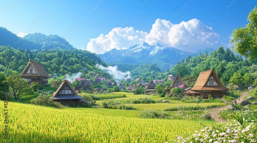 Peaceful Rural Village Scene with Lush Green Landscape and Mountains Peaceful Rural Village Scene with Lush Green Landscape and Mountains