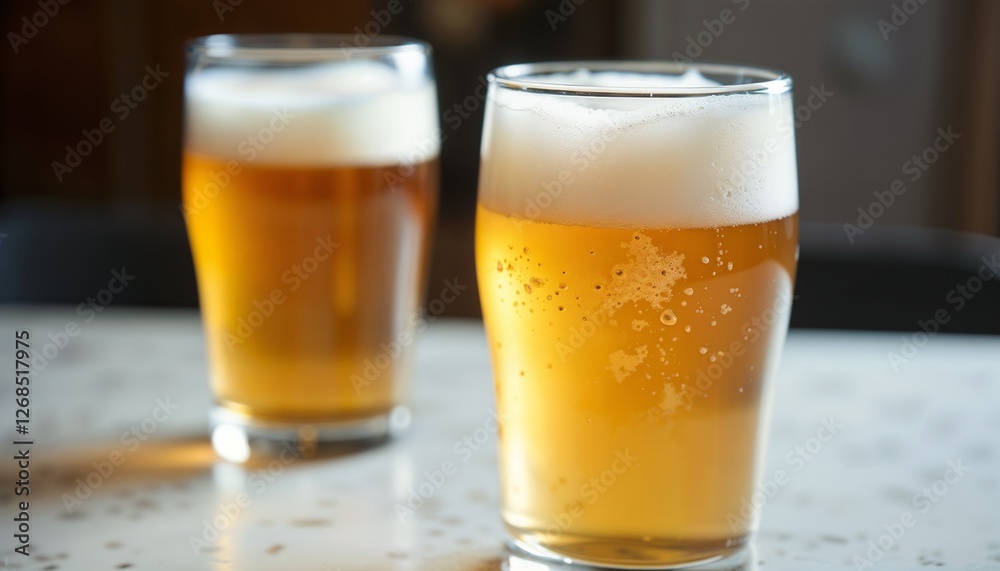 Beer Foam.Two glasses of cold beer with foam on a table in a cozy atmosphere Beer Foam.Two glasses of cold beer with foam on a table in a cozy atmosphere