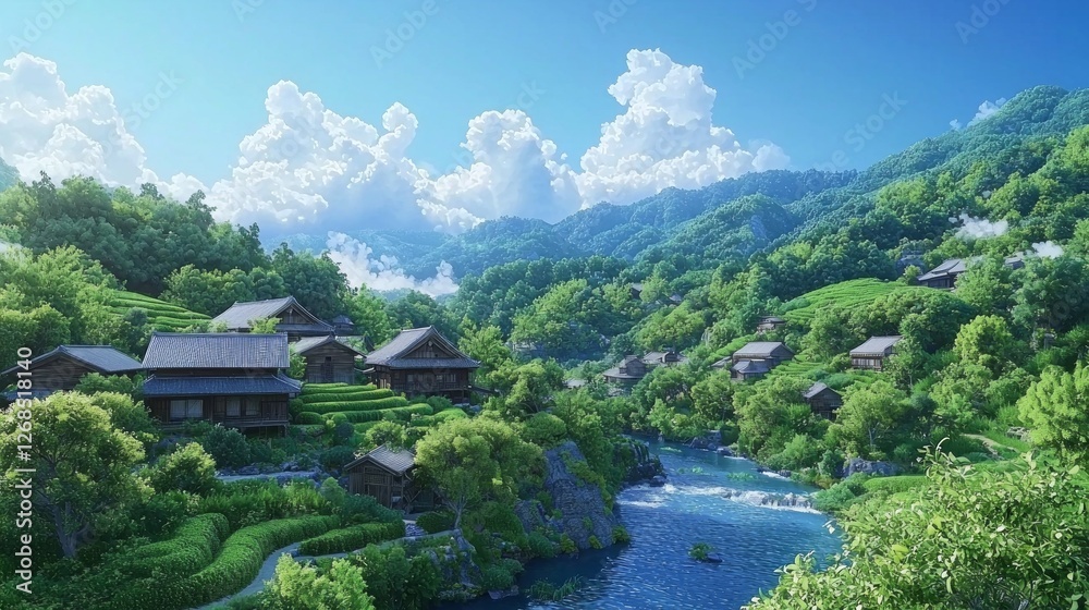 Vibrant Countryside Scene in Japan with Lush Greenery and Waterway Vibrant Countryside Scene in Japan with Lush Greenery and Waterway