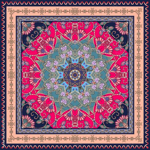 Beautiful bandana print with floral mandala in decorative frame. Print for square scarf, carpet, napkin, pillowcase in ethnic style. Fashion accessory.