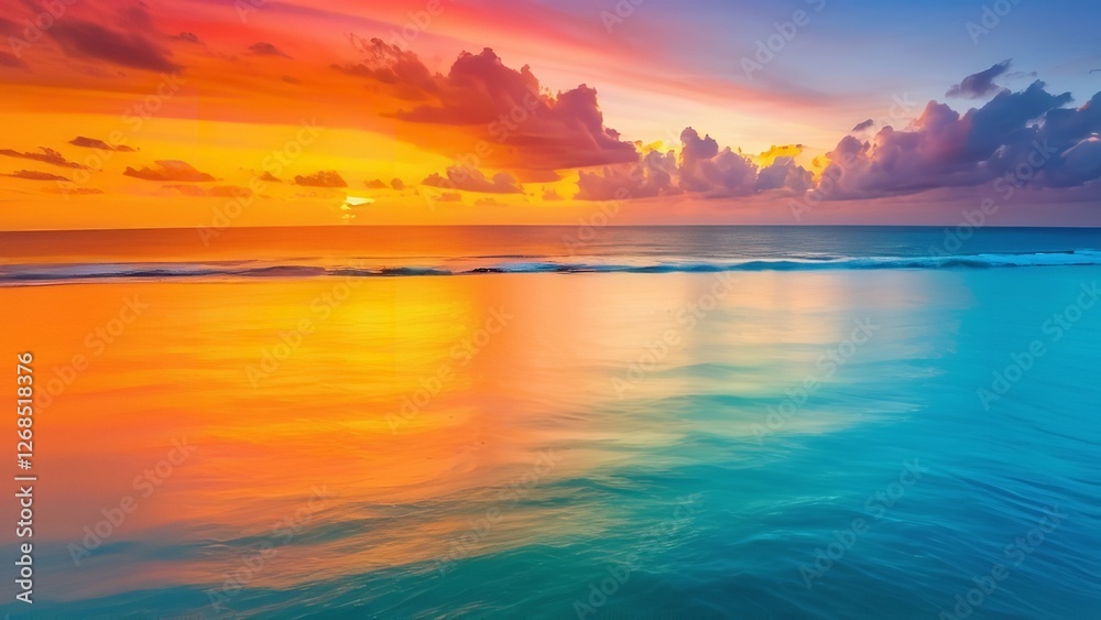 Obraz premium an abstract photograph of a rainbow sunset with a boat in the water and houses around it
