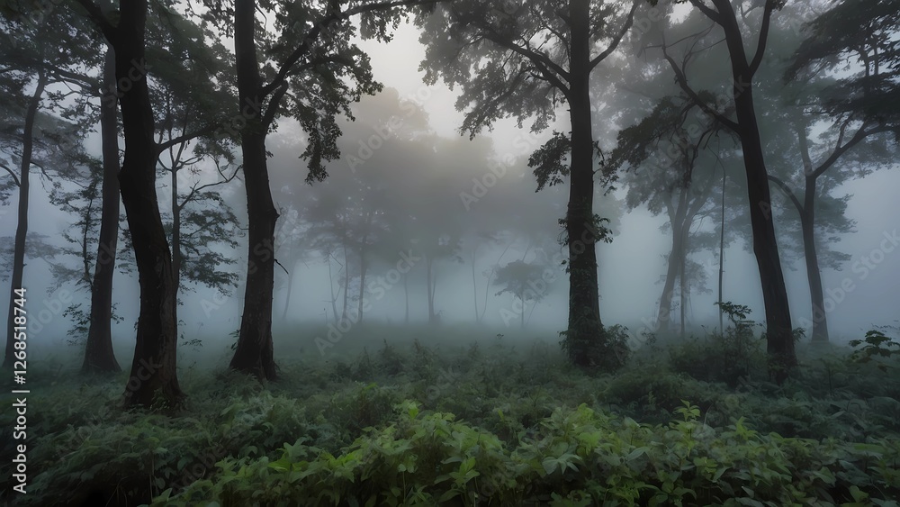 Misty Forest Scene with Tall Trees and Green Foliage in Morning Light Misty Forest Scene with Tall Trees and Green Foliage in Morning Light