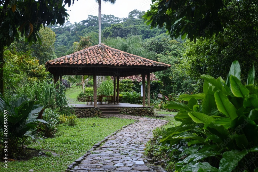 Photo of a small gazebo in the center, surrounded by lush greenery and gardens. Photo of a small gazebo in the center, surrounded by lush greenery and gardens.