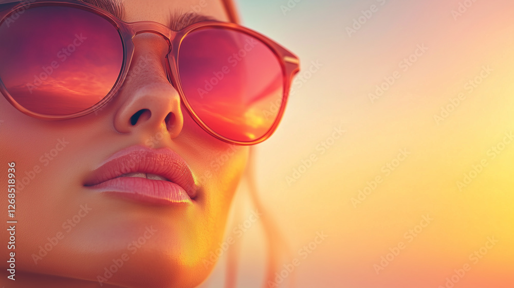 Close-up of a woman's face with realistic details, relaxing on the beach. Her reflective sunglasses capture a stunning sunset, creating a serene and dreamy atmosphere. Close-up of a woman's face with realistic details, relaxing on the beach. Her reflective sunglasses capture a stunning sunset, creating a serene and dreamy atmosphere.