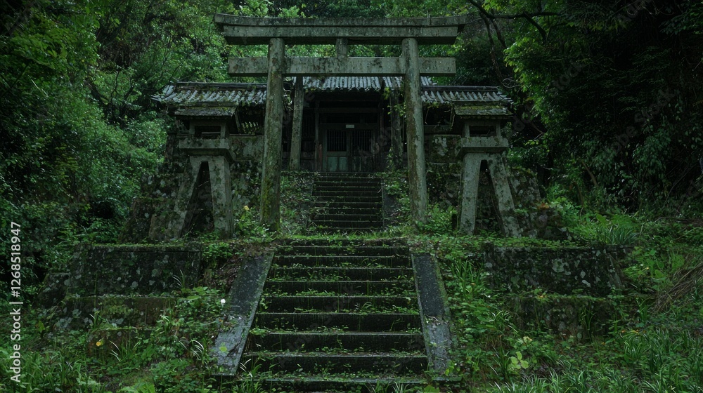 Abandoned Shrine Surrounded by Lush Greenery in Mysterious Japan Abandoned Shrine Surrounded by Lush Greenery in Mysterious Japan