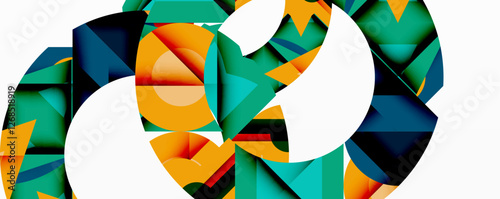 Abstract geometric artwork with interwoven angular and curved shapes, dynamic composition with smooth gradients and bold contrasts