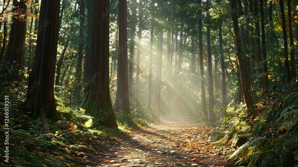 Fototapeta premium Serene Path Through a Sunlit Japanese Forest Surrounded by Nature