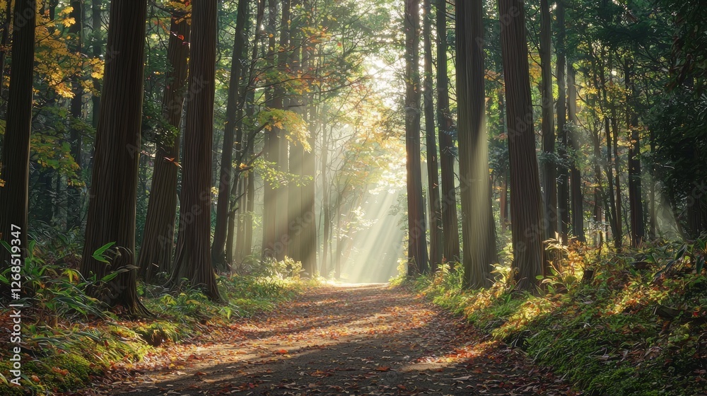 Fototapeta premium Tranquil Japanese Forest Path with Sunlight Streaming Through Trees