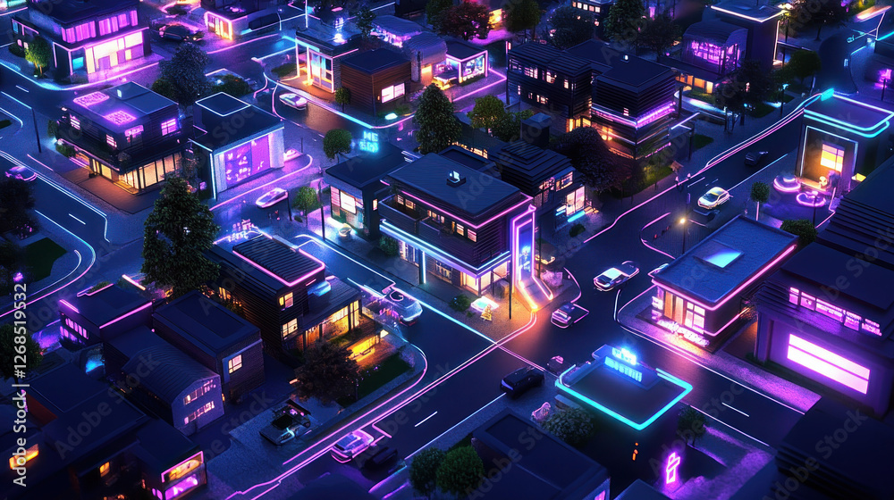 Fototapeta premium Neon-lit city at night, aerial view, futuristic architecture, website banner