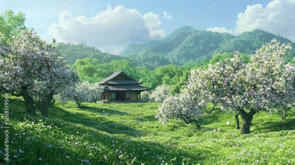 Tranquil Japanese Orchard Landscape with Blooming Trees and House Tranquil Japanese Orchard Landscape with Blooming Trees and House