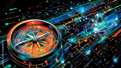 Wallpaper Mural Vibrant compass guides digital pathway glowing circuit board background. AI Generated Torontodigital.ca