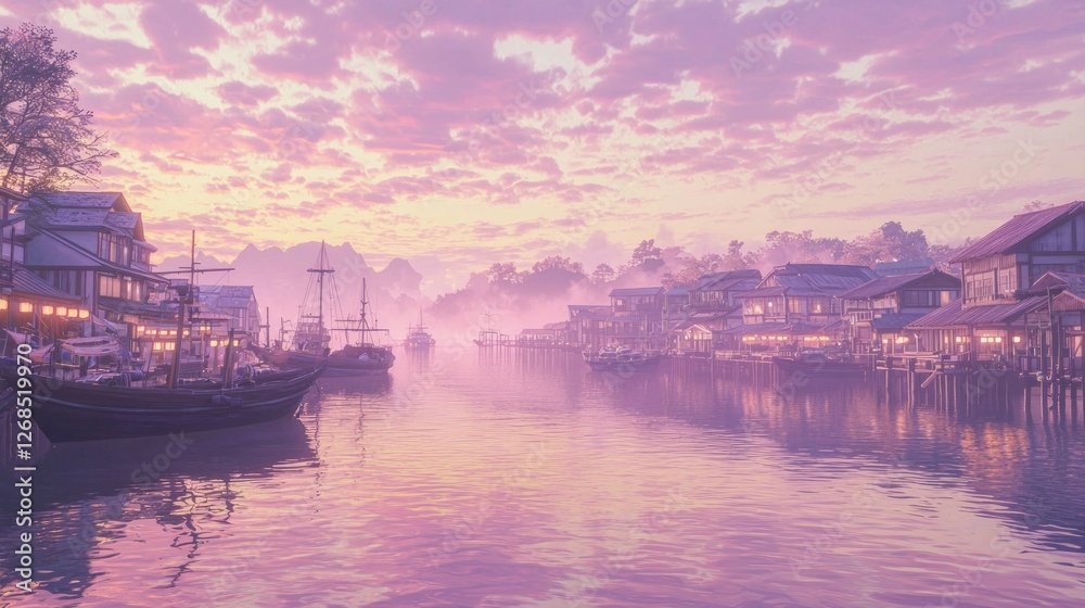 Naklejka premium Serene Japanese Harbor at Dawn with Soft Pastel Colors