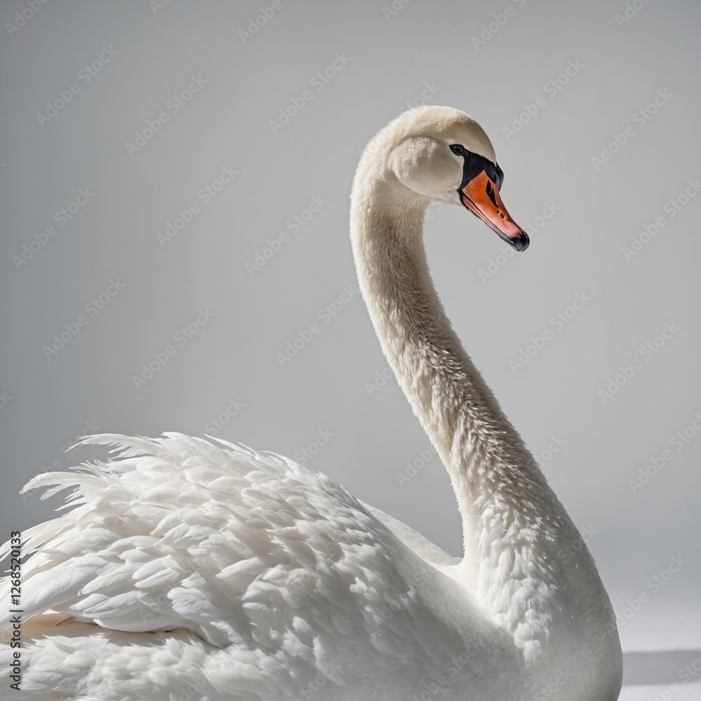 Fototapeta premium An elegant swan with pristine white feathers, gracefully posing on a white background.