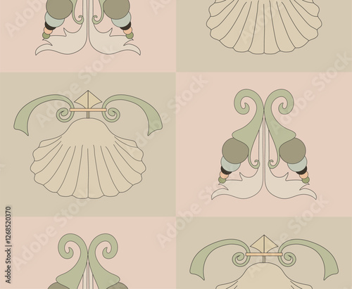 Vector pattern of squares, inside of which there are abstract shapes in the form of shells, circles, curls.