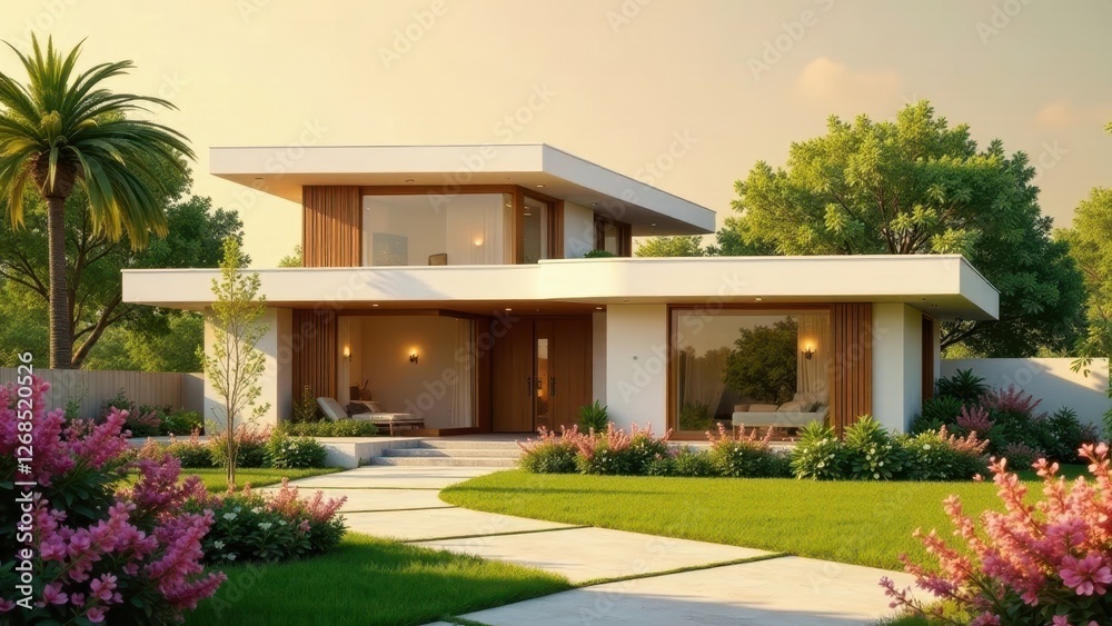 Fototapeta premium Modern Architectural Design A Luxurious Residence with Expansive Windows and Serene Landscaping