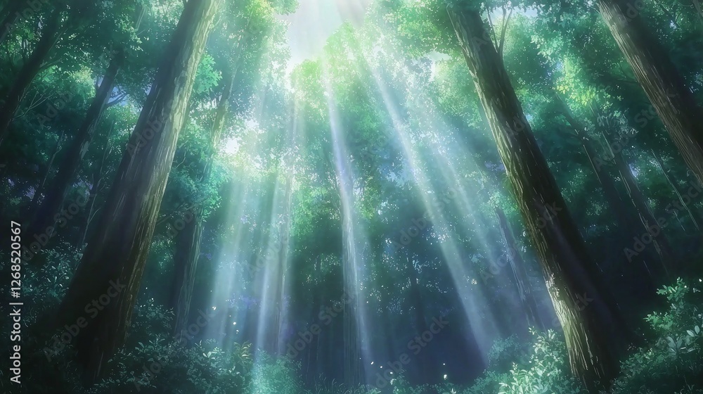 Enchanted Foggy Forest with Mystical Light Rays in Japan Enchanted Foggy Forest with Mystical Light Rays in Japan