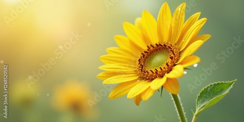 Golden Sunflower in Soft Sunlight with Dew Drops on Petals and Blurred Background
