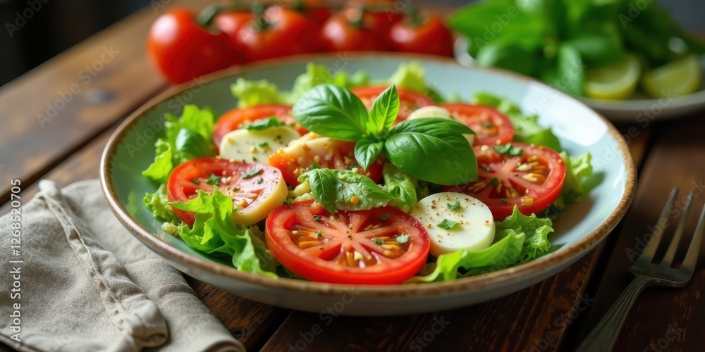 A vibrant and refreshing salad featuring ripe tomato slices, creamy cheese rounds, and fresh basil leaves, artfully arranged in a light-colored bowl, atop a rustic wooden surface A vibrant and refreshing salad featuring ripe tomato slices, creamy cheese rounds, and fresh basil leaves, artfully arranged in a light-colored bowl, atop a rustic wooden surface
