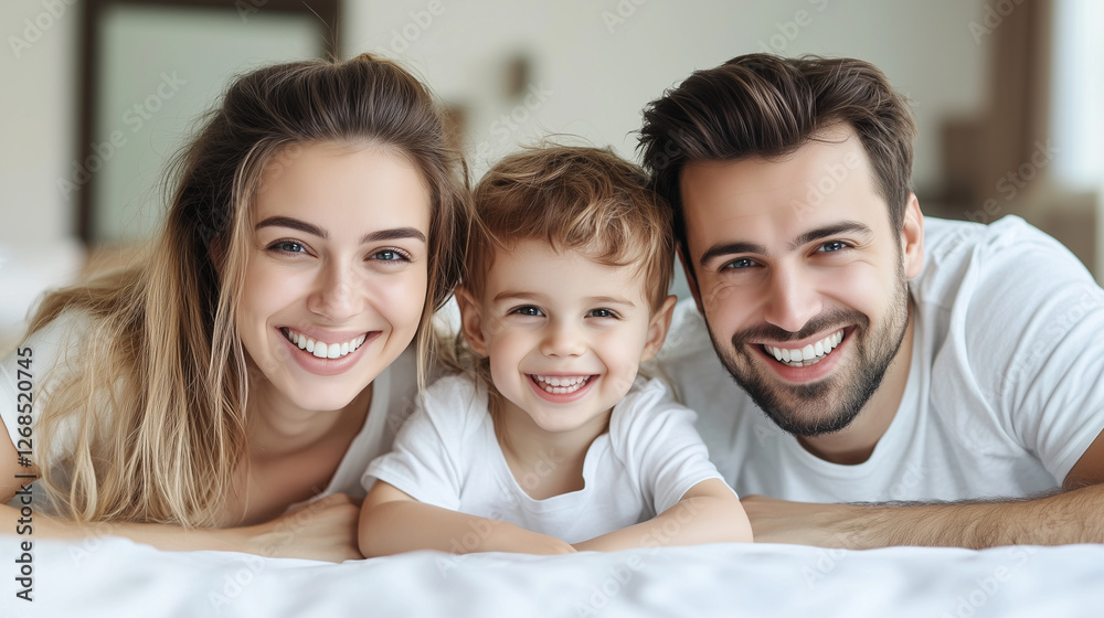 Smiling young couple with their child lying on a cozy bed, capturing a joyful moment with a camera. A warm family scene with a visible bedroom background. Perfect for family, love, and home concepts. Smiling young couple with their child lying on a cozy bed, capturing a joyful moment with a camera. A warm family scene with a visible bedroom background. Perfect for family, love, and home concepts.