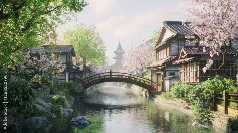 Serene Japanese Riverside Town Surrounded by Blossoming Cherry Trees Serene Japanese Riverside Town Surrounded by Blossoming Cherry Trees