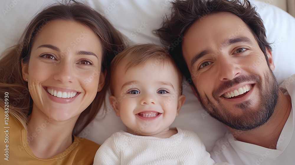 Smiling young couple with their child lying on a cozy bed, capturing a joyful moment with a camera. A warm family scene with a visible bedroom background. Perfect for family, love, and home concepts. Smiling young couple with their child lying on a cozy bed, capturing a joyful moment with a camera. A warm family scene with a visible bedroom background. Perfect for family, love, and home concepts.