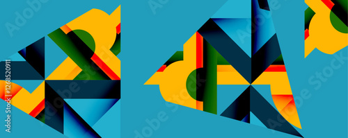 Abstract geometric artwork with interwoven angular and curved shapes, dynamic composition with smooth gradients and bold contrasts