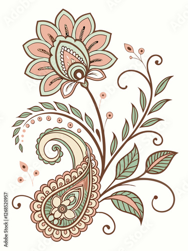 Floral Paisley Flourish: An intricate and elegant illustration showcases a floral paisley design. with graceful curves and symmetrical elements in soft colors.