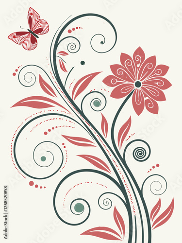 Floral Flourish: An exquisite illustration of a stylized flower and a butterfly against a soft background, exuding elegance and intricate beauty.