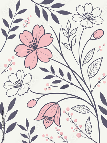 Blossom Serenade: An elegant floral illustration featuring delicate pink cherry blossoms and intricate foliage. capturing spring beauty