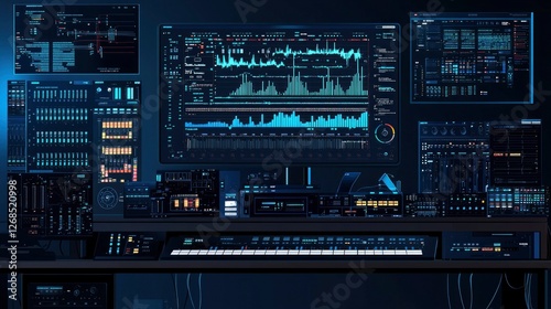 Futuristic Music Production Studio Setup with Multiple Monitors and Synthesizers