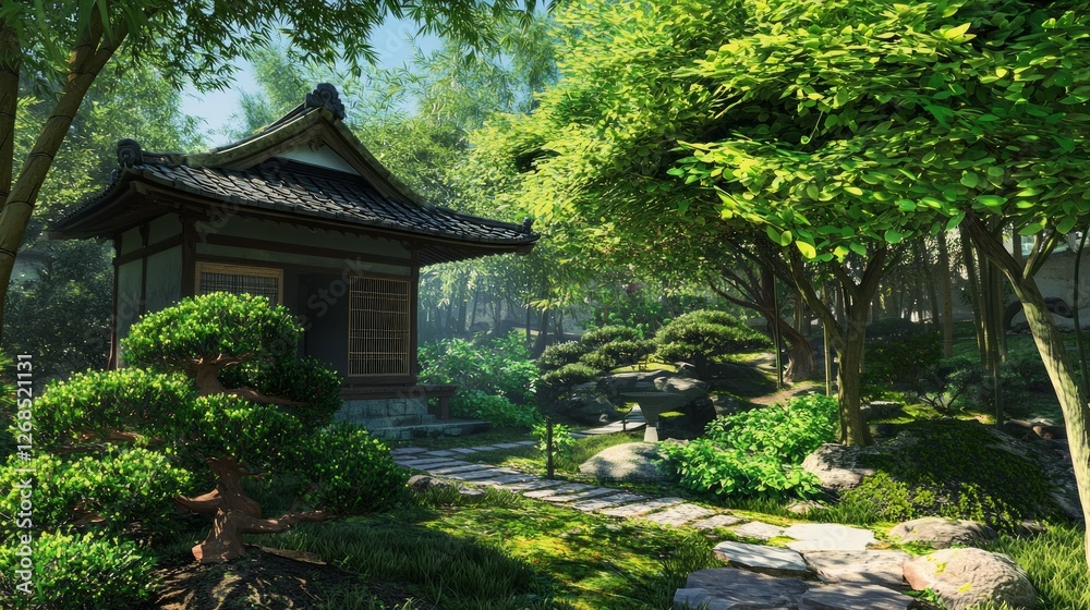 Tranquil Japanese Garden with Tea House and Lush Greenery Tranquil Japanese Garden with Tea House and Lush Greenery