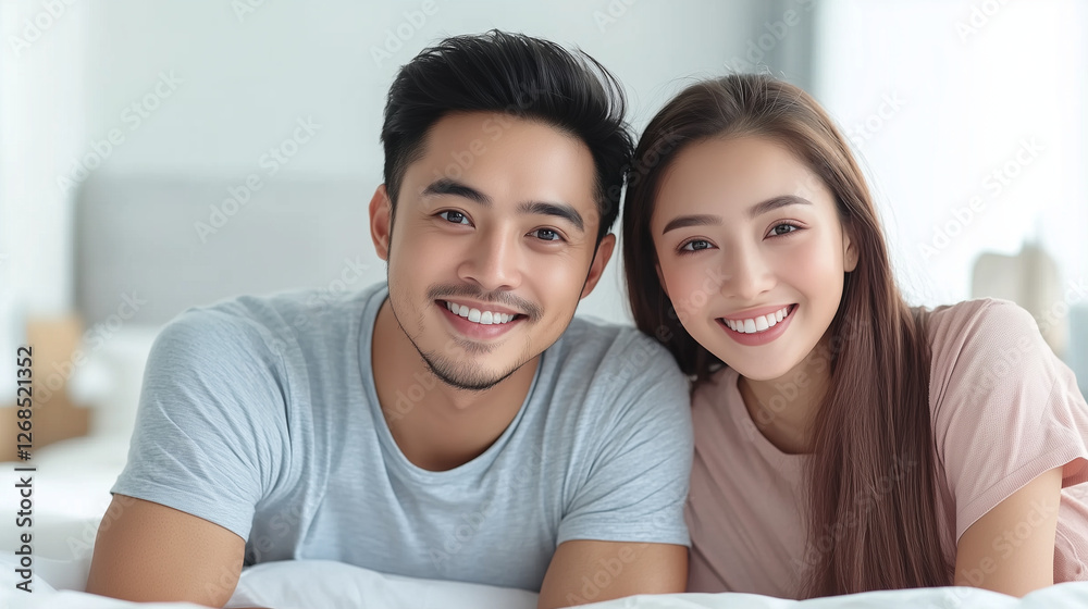 A smiling young couple lying on the bed, holding a camera, enjoying a relaxed moment in a cozy bedroom. The background showcases warm bedroom components, creating a homey feel.