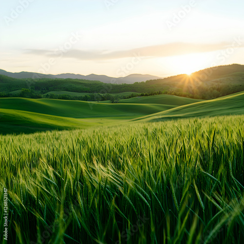 Sunset Over Rolling Green Wheat Fields
