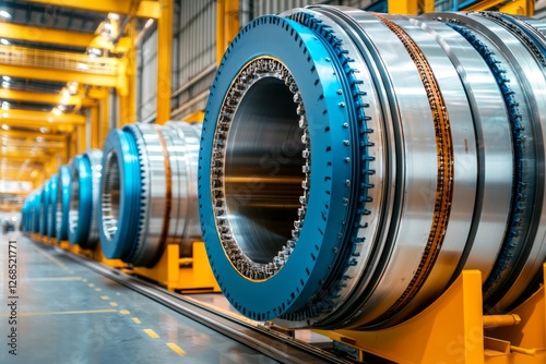 Close-Up of Industrial Turbine Components in Manufacturing Facility with Bright Yellow Cranes and Modern Machinery