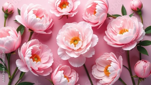 Delicate Pink Peonies Arranged on a Soft Pink Background, a Stunning Floral Display of Nature's Beauty, Perfect for Feminine Designs and Springtime Celebrations