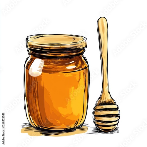 Honey jar with wooden dipper - graphic illustration photo