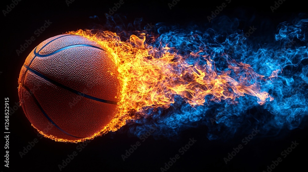 Fototapeta premium Glowing Basketball in Mid-Motion Surrounded by Flamming Orange and Blue Smoke Effects
