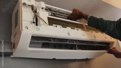 A technician repairs a wall mounted air conditioner and fixing HVAC systems
